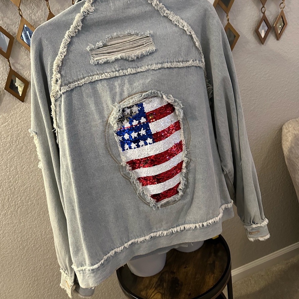 NWT POL Distressed Denim Jacket with American Flag Patch